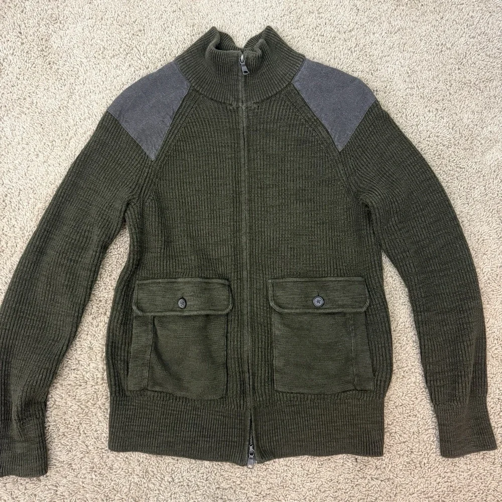 Banana Republic Mens Full Zip Sweater Jacket Medium Olive Shoulder Patch Preppy